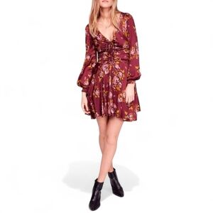FREE PEOPLE Morning Light Merlot Floral Polka-Dot Peasent Sleeve Mini Dress SZ 4